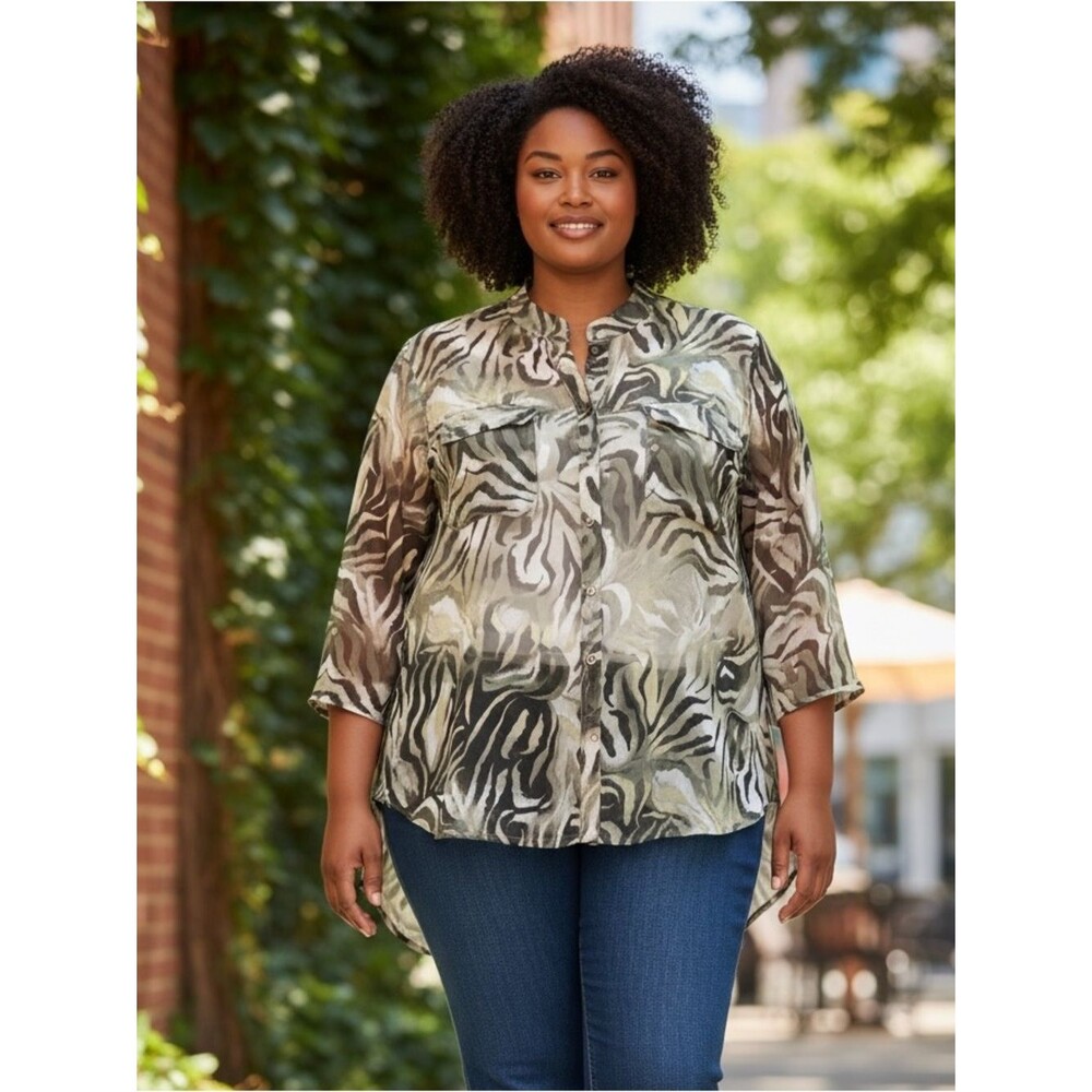 Chico's Green Black Abstract Sheer Animal Print Blouse Mandarin Collar 3 16 XL